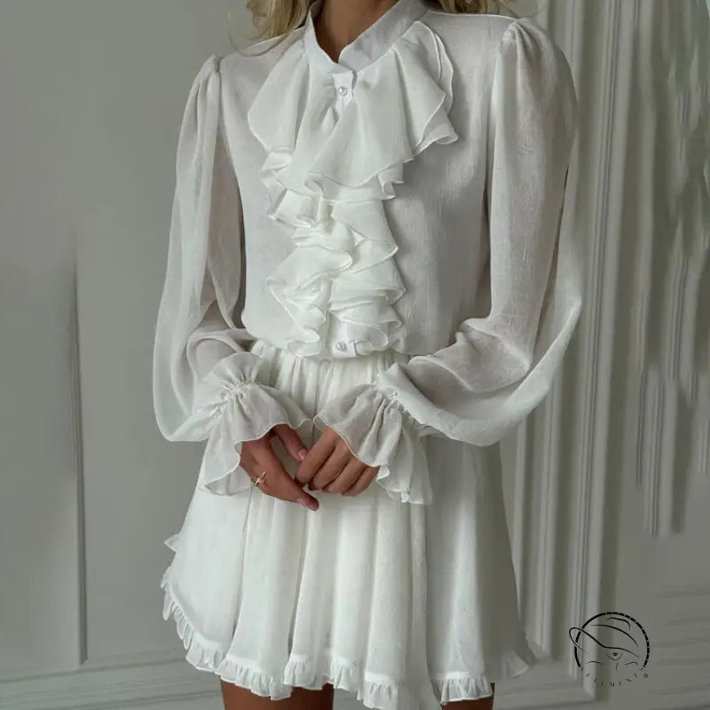 Elegant white ruffled langry fashion blouse and skirt set