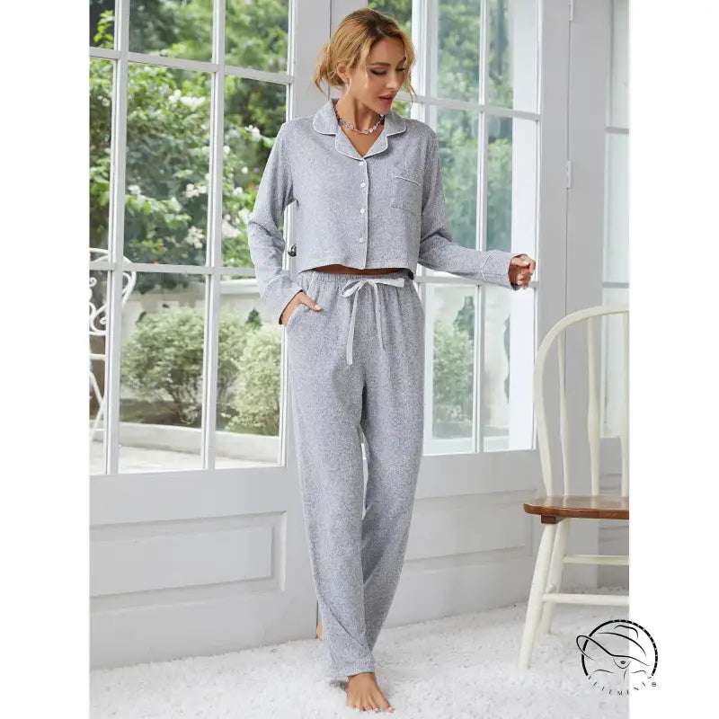 Grey polka dot home wear pajama set with cropped top and drawstring pants