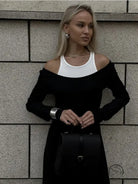 Stylish black and white langry fashion cold-shoulder two-piece vest dress with handbag