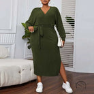 Elegant A-line midi dress in dark olive green ribbed knit with V-neck and side slit