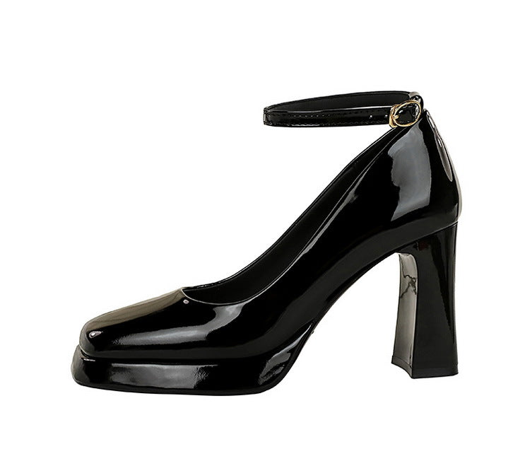 Leather Square Toe Ankle Strap High Heels