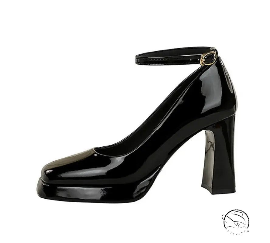 Leather Square Toe Ankle Strap High Heels