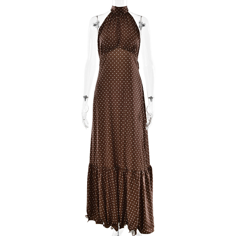 Elegant polka dot French halter satin dress with ruffled hem