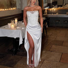 Elegant white strapless split dress with high slit from Langry for fashionable parties
