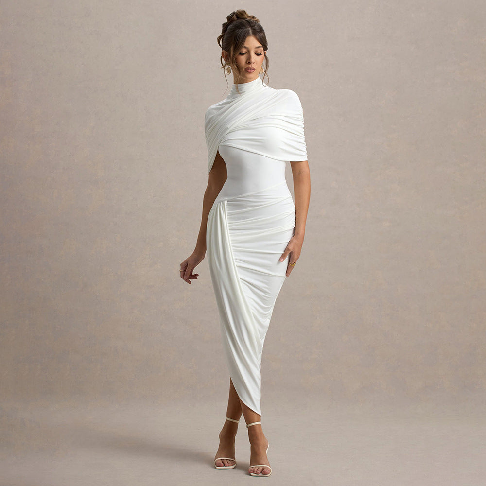 Elegant slim pleated dress in white draped jersey with high neckline and short sleeves