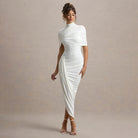 Elegant slim pleated dress in white draped jersey with high neckline and short sleeves