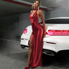 Red satin halter backless ribbon split dress, a stunning addition to elegant fashion