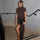 Beautiful slim pleated hip dress in brown draped style