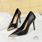 Langry fashion black pointed-toe high heels with gold accents