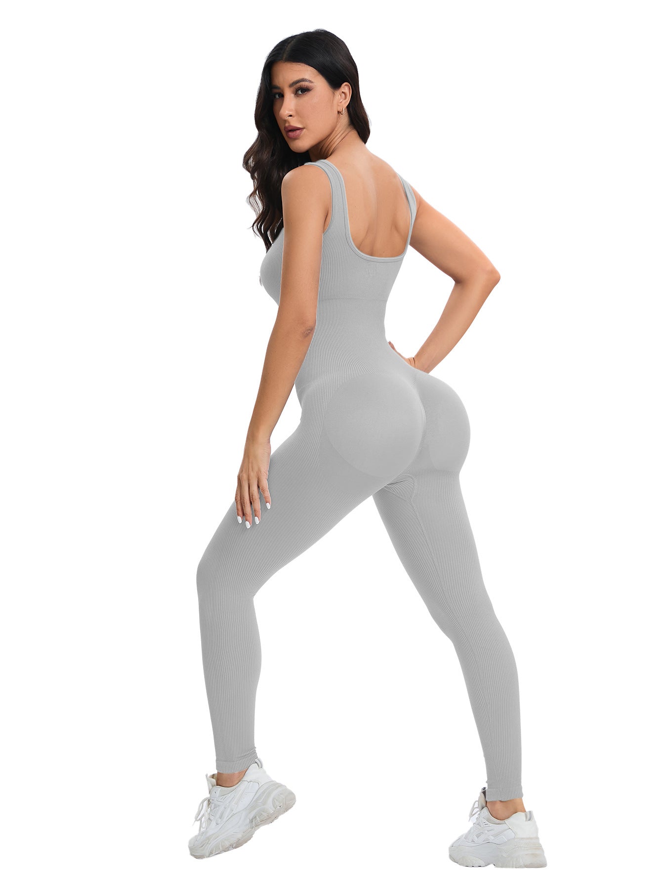 Gray ribbed backless one-piece langry workout suit in peach slim fit