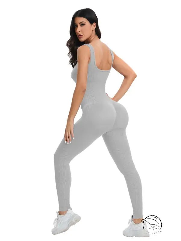 Gray ribbed backless one-piece langry workout suit in peach slim fit