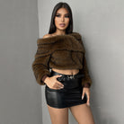 Langry fashion plush off-shoulder crop top with leather skirt