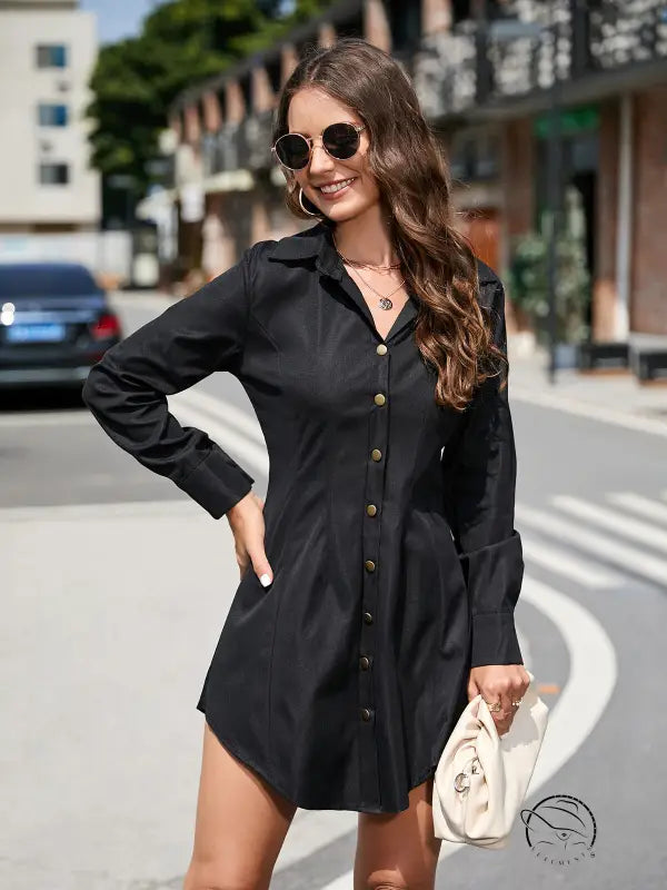 Beautiful short long sleeve black button-down shirt dress