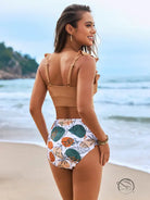Gorgeous split bikini high-waisted bottom with seashell and turtle print