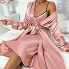 Ice silk langry soft pink satin robe with black trim and tied waist
