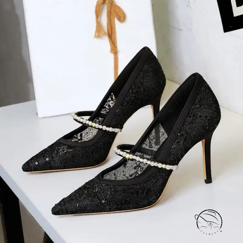 Langry fashion black lace stiletto heels with pearl accents