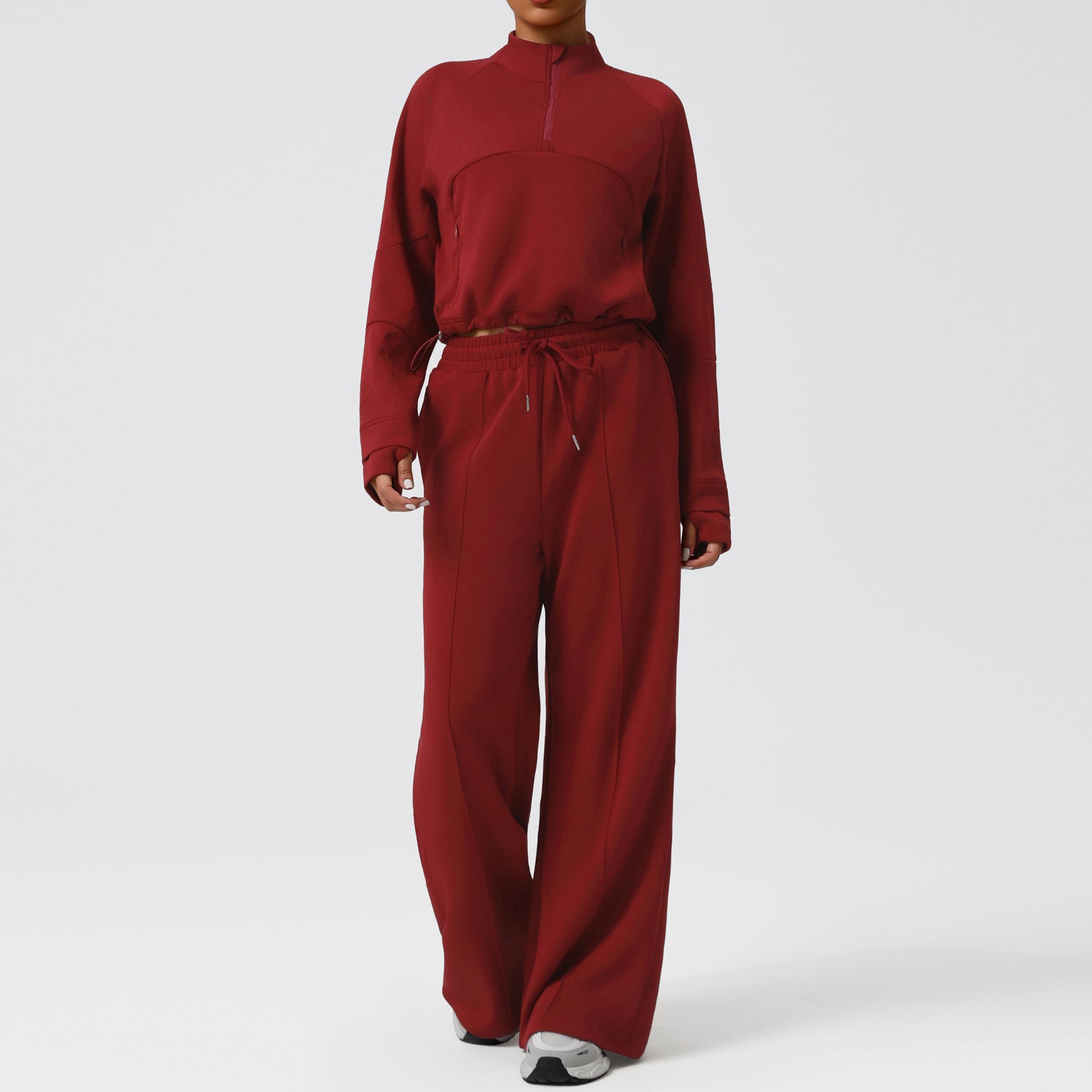 Langry fashion red jumpsuit with high neckline, drawstring waist, stretchy fabric