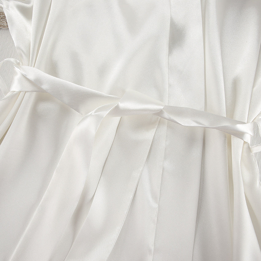 Elegant langry fashion white satin robe with belt for ice silk pajamas