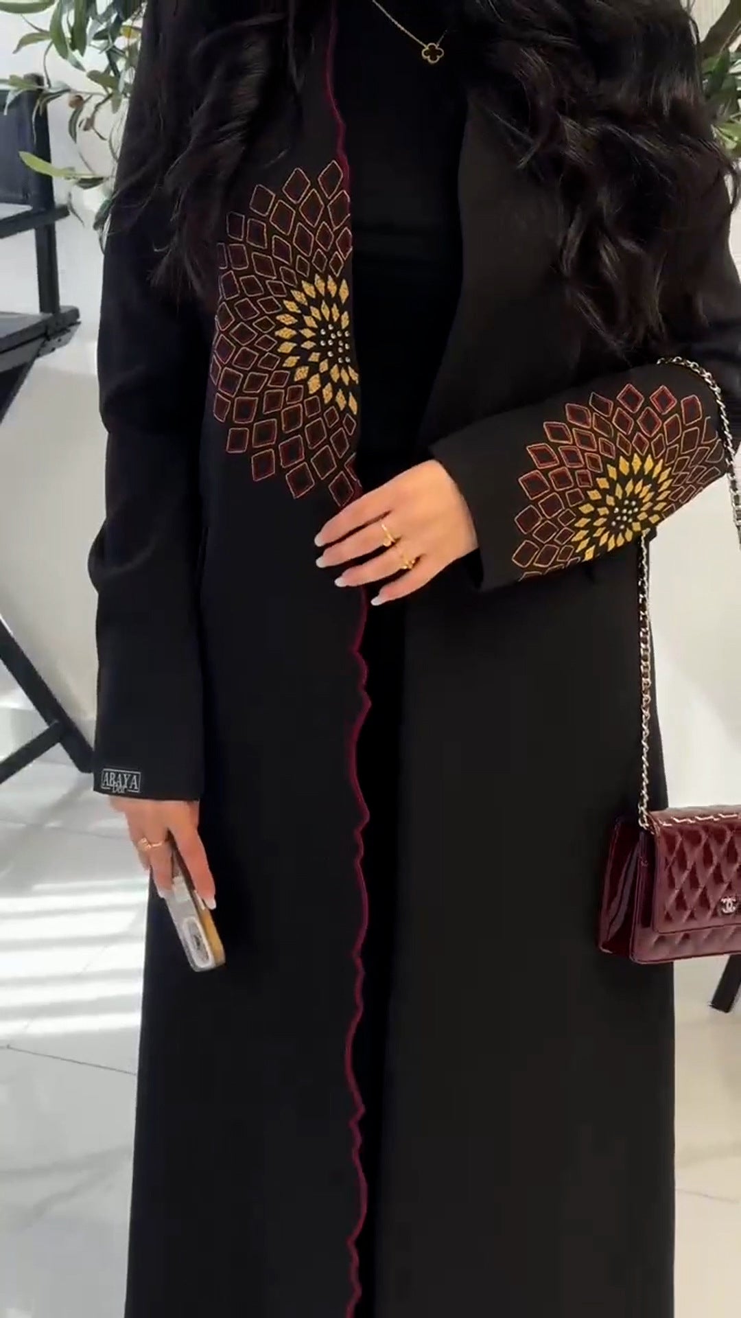 Black abaya trench coat with gold burgundy embroidery, langry fashion ملابس