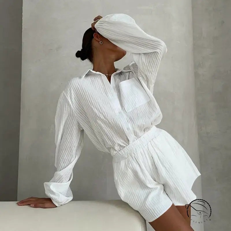 White textured pure cotton long sleeves home wear two-piece shirt and shorts set