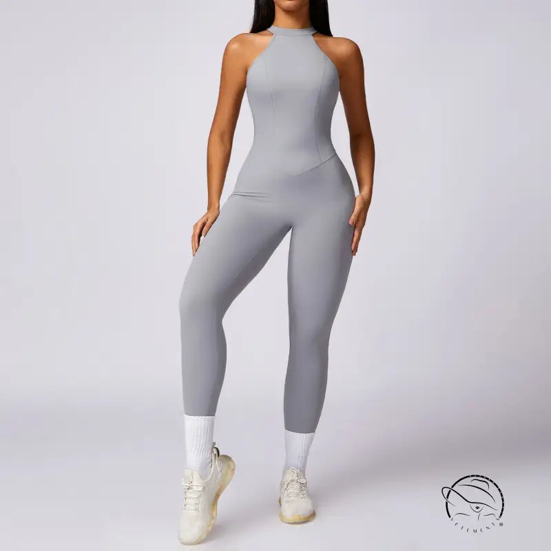 Sleek light gray high-necked Langry fashion yoga jumpsuit for hips