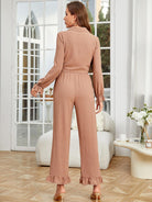 Dusty rose long sleeve pants and ruffled cardigan two-piece home wear set