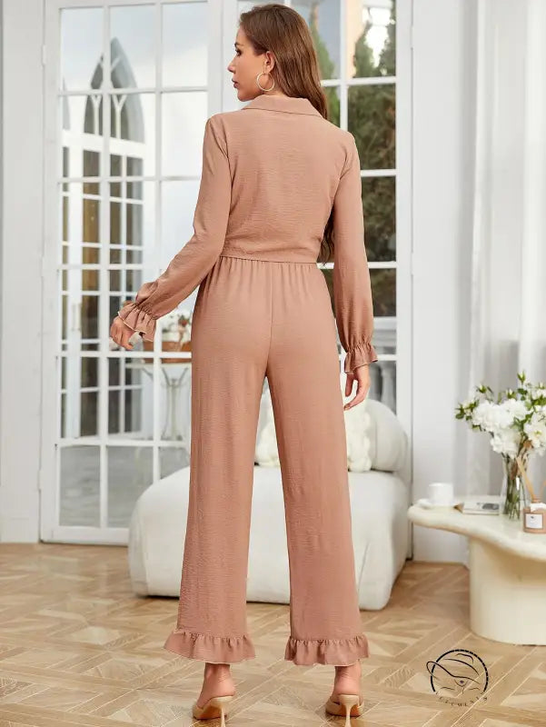 Dusty rose ruffled cardigan long sleeve pants two-piece set