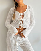 Langry white ribbed knit pajamas set with lace-up front