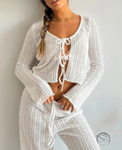White ribbed knit langry two-piece pajamas with lace-up front