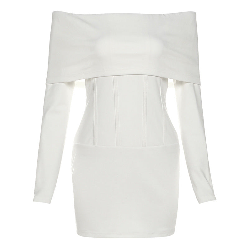 Elegant white off-shoulder langry fashion dress with corset bodice