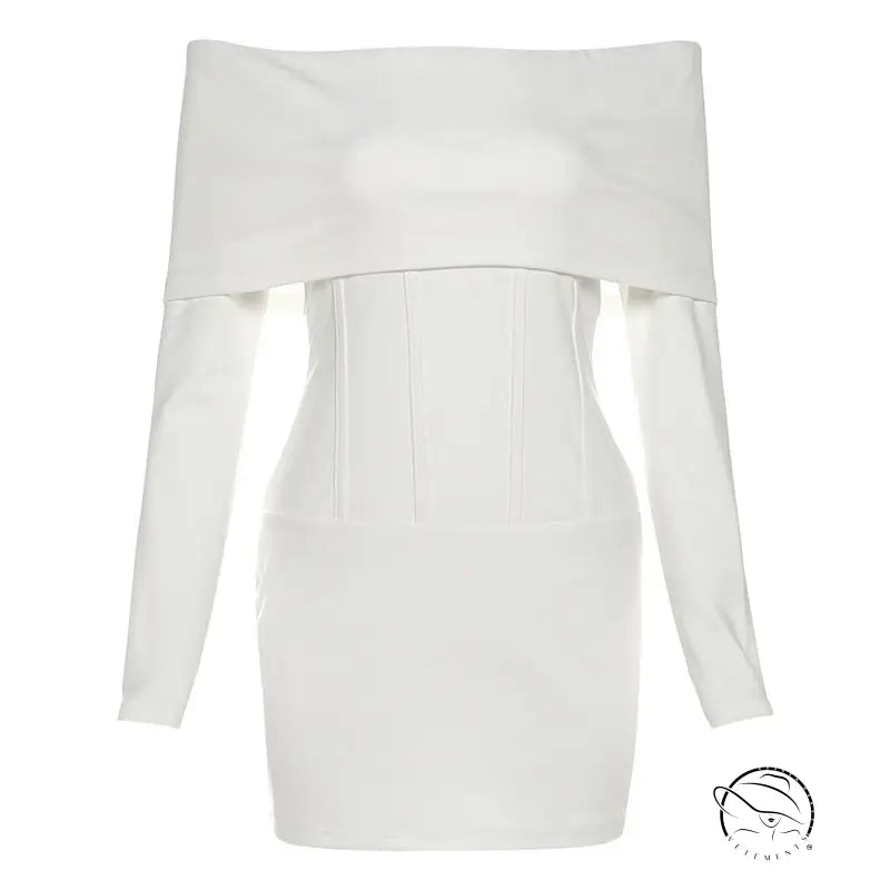 Elegant white off-the-shoulder langry fashion dress with corset bodice