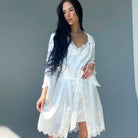 White satin langry robe with lace trim in ice silk pajamas