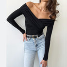 Langry fashion black off-shoulder ruched top with long sleeves in elegant jumpsuit