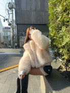 Short loose casual fox faux fur coat with black trim by Langry fashion