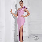 Elegant pink one-shoulder langry evening gown with ruffles and slit