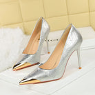 Langry fashion silver metallic high heel pumps with gold accents