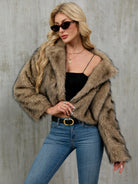 Soft brown faux fur cropped jacket with plush long fibers and open front