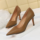 Brown leather stiletto heels with silver bead trim for a chic fashion statement in langry ملابس