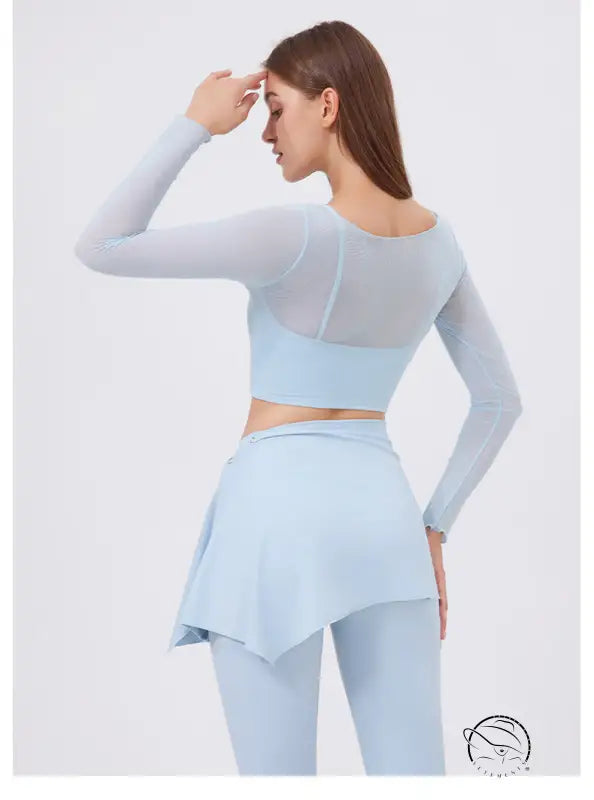 Light blue faux two piece long sleeve mesh sports crop top and skirt pants