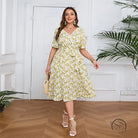 Boho lace floral dress: plus-size V-neck midi with tie-waist