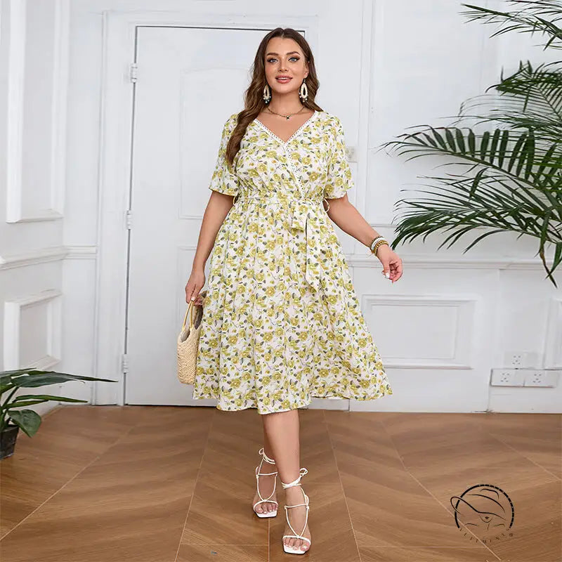 Boho lace floral dress: plus-size V-neck midi with tie-waist