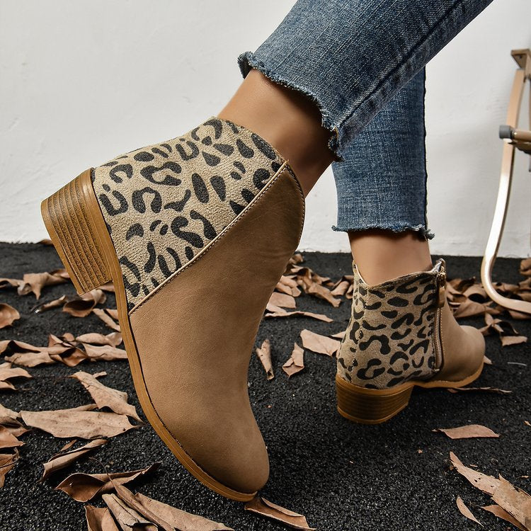 V Cut Leather Booties in leopard print and tan for stylish fashion ملابس