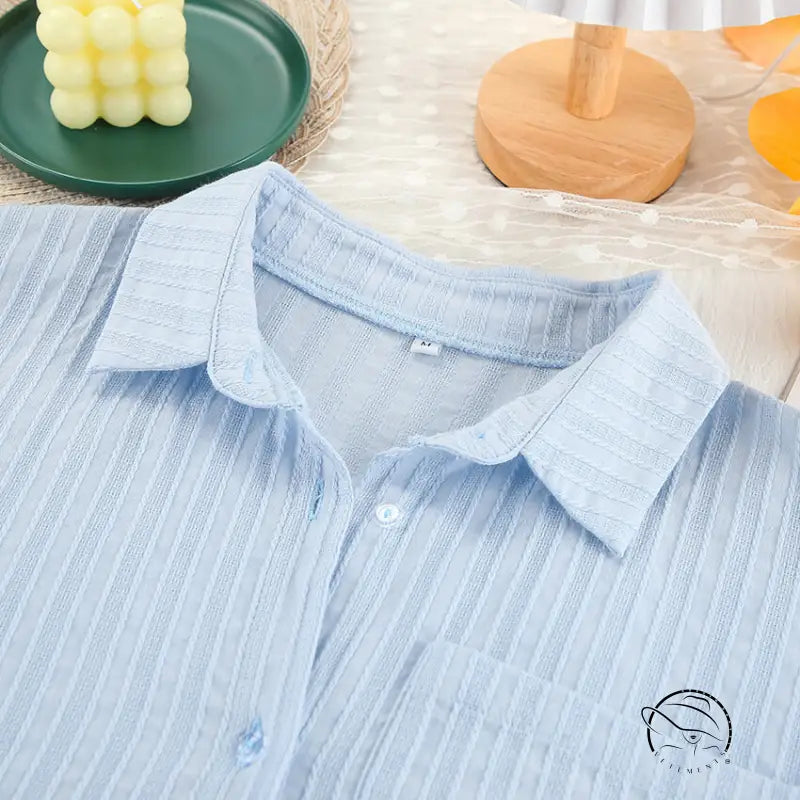 Light blue collared pure cotton long sleeve home wear pajama shirt