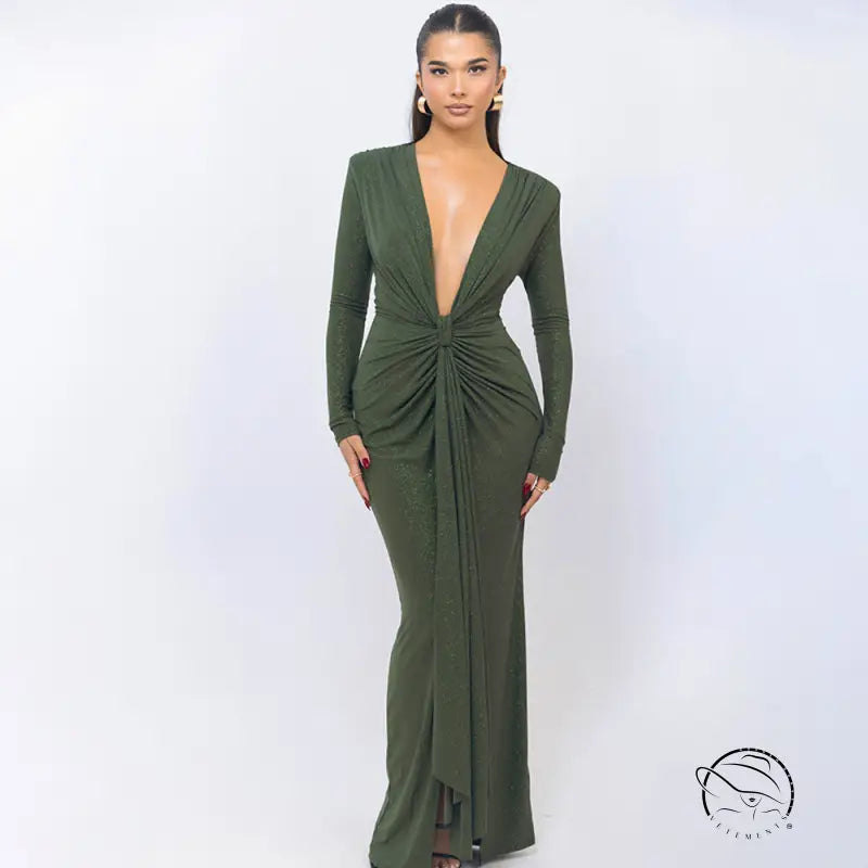Olive green slim fitting dress with plunging neckline and slit