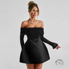 Elegant A-line black off-shoulder cocktail dress with lace sleeves