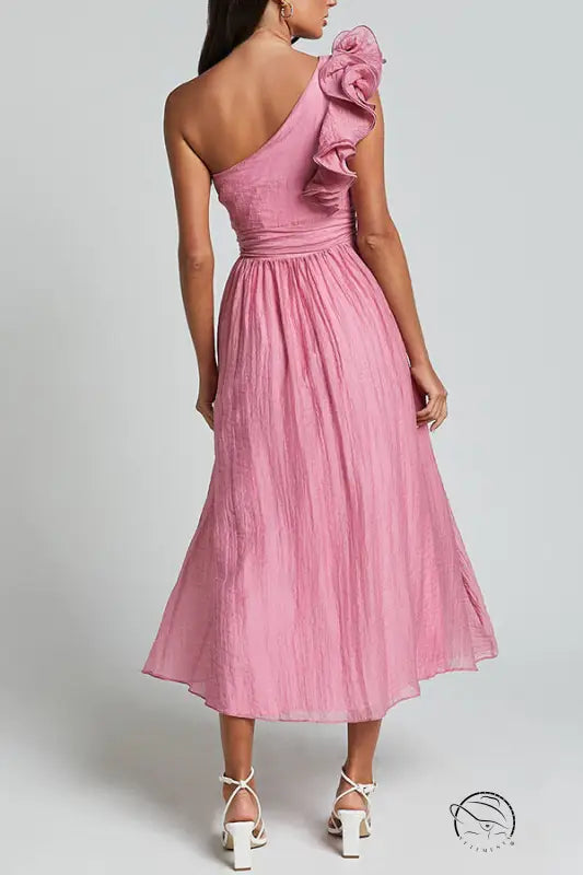 Stunning backless pink one-shoulder midi dress with ruffles