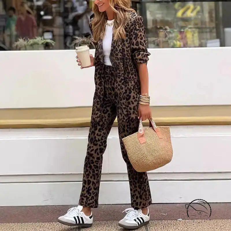 Leopard print casual cardigan coat with matching pantsuit