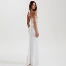 Elegant white satin maxi sheath dress with shoulder bow detail, Langry fashion ملابس