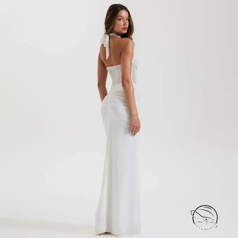 Elegant white satin maxi sheath dress with shoulder bow detail in langry fashion