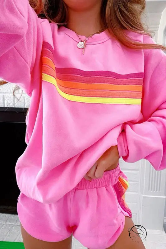 Pink loose slim fit sweatshirt with orange yellow retro stripes in casual two piece set